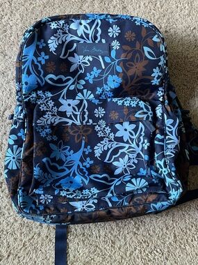 Vera Bradley Navy Floral Quilted Backpack with Blue & Brown Accents